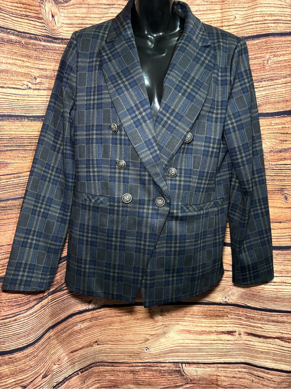 Susan Graver Double-Breasted Plaid Blazer in Blue and Gray